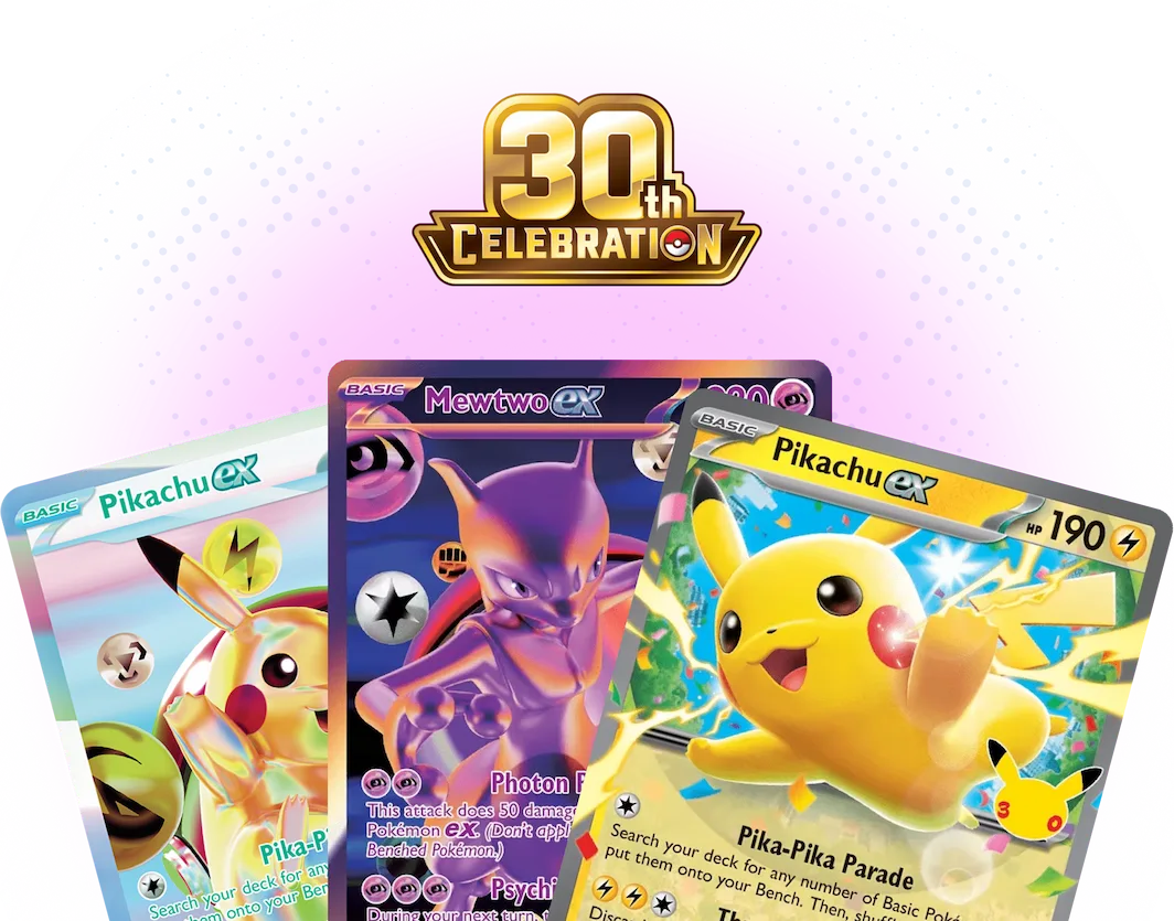 Pokémon 30th Celebration logo with Pikachu ex and Mewtwo ex cards