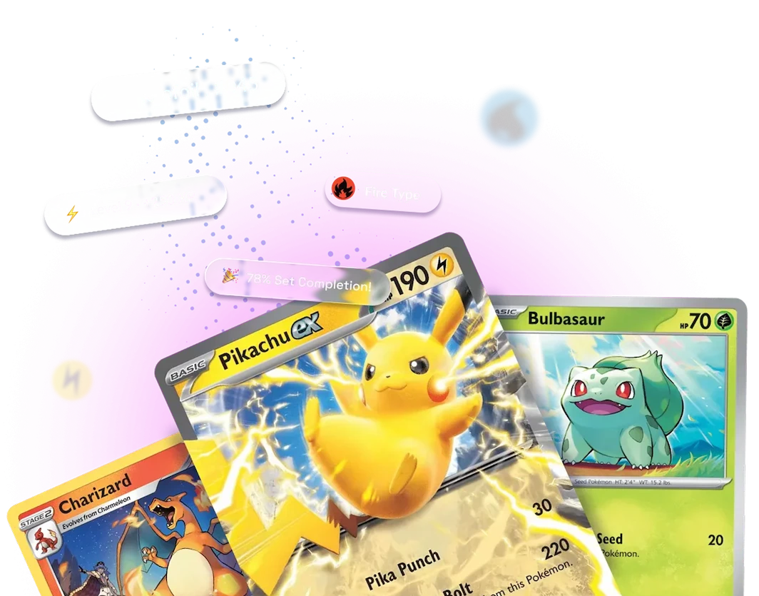 Pokémon cards including Pikachu ex, Charizard, and Bulbasaur with collection progress badges