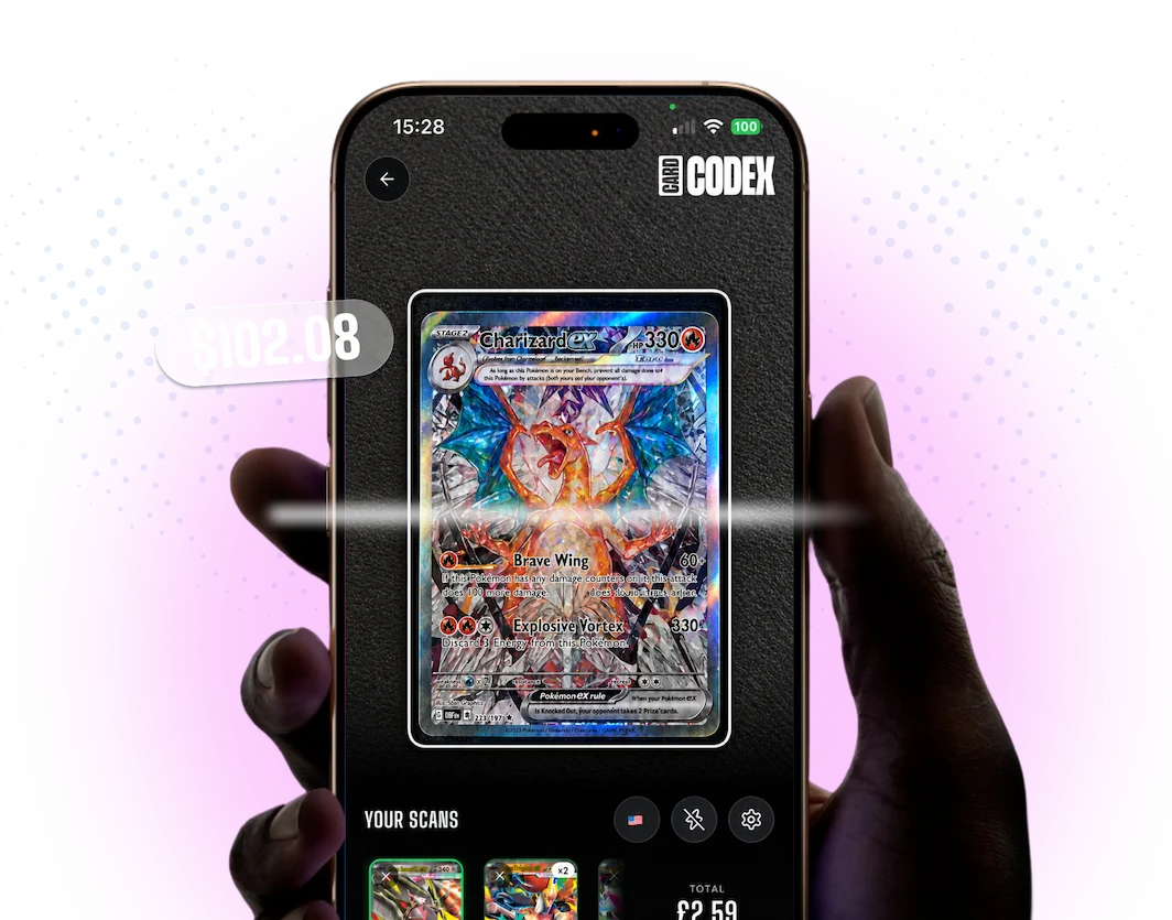 Card Codex mobile app scanning a Charizard ex card with live market value