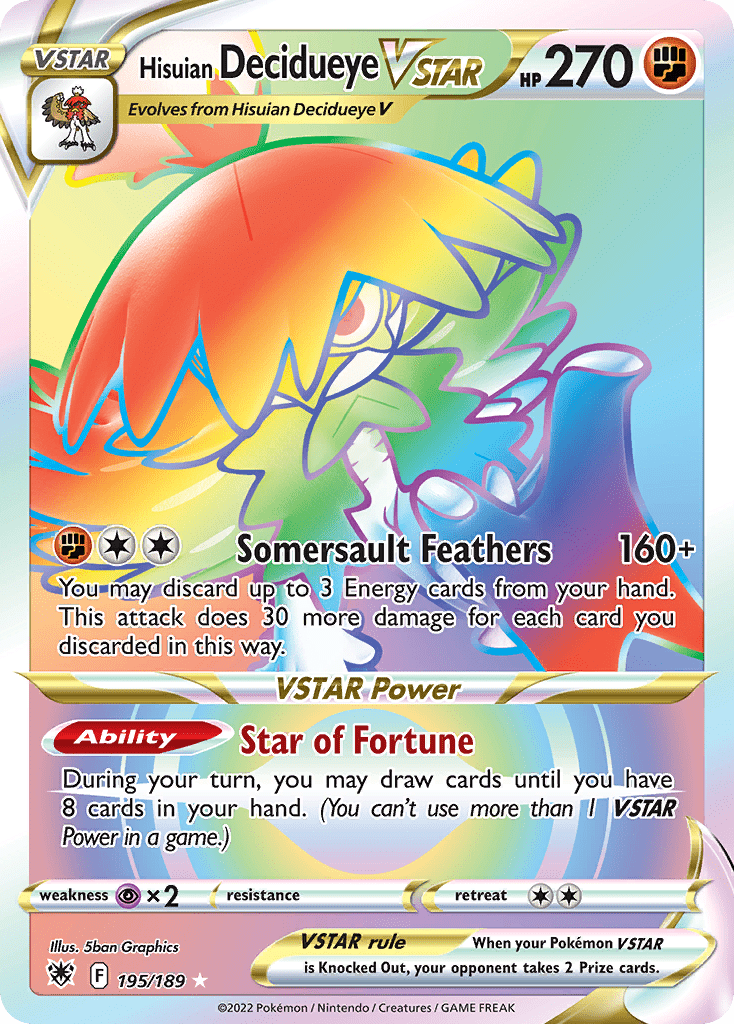 Hisuian Decidueye VSTAR swsh10-195 Rare Rainbow from Astral Radiance Set