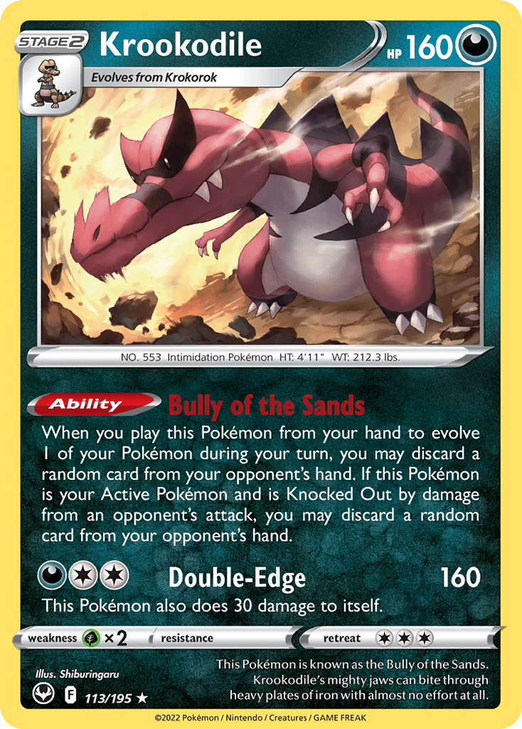 Krookodile swsh12-113 Rare Holo from Silver Tempest Set