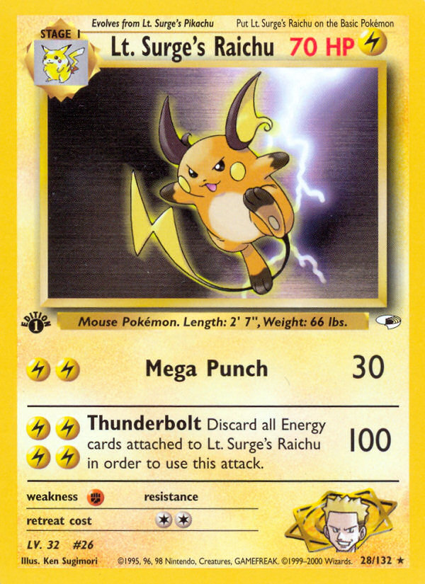 Lt. Surge’s Raichu gym1-28 Rare from Gym Heroes Set