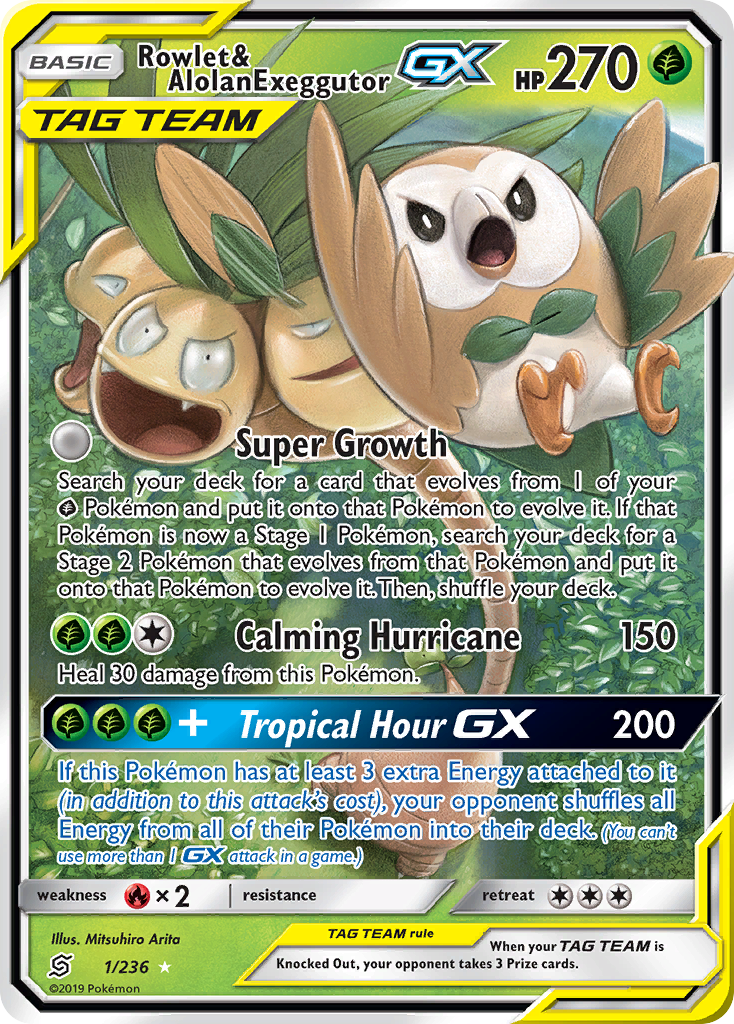 Rowlet & Alolan Exeggutor-GX sm11-1 Rare Holo GX from Unified Minds Set