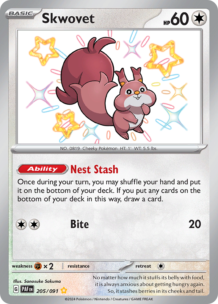 Skwovet sv4pt5-205 Shiny Rare from Paldean Fates Set