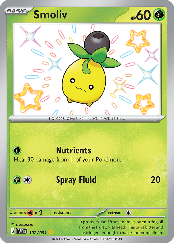 Smoliv sv4pt5-102 Shiny Rare from Paldean Fates Set